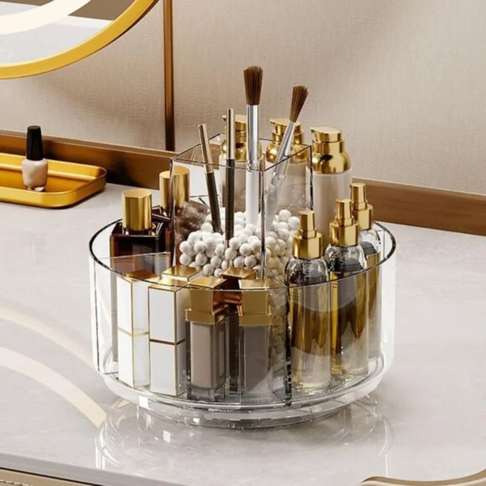 New 360° Rotating Makeup Organizer, Clear Tray with 6 Compartments for Vanity